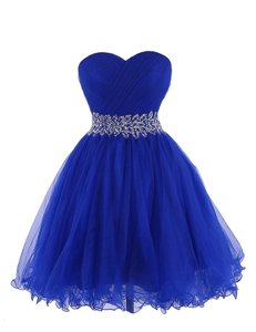 Stunning Sleeveless Organza Mini Length Lace Up Prom Dress in Royal Blue for with Belt
