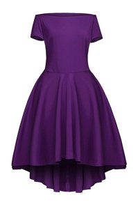 Purple Satin Side Zipper Bateau Short Sleeves Tea Length Prom Evening Gown Ruching