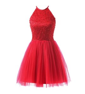 Top Selling Coral Red Zipper Scoop Beading Tulle Sleeveless