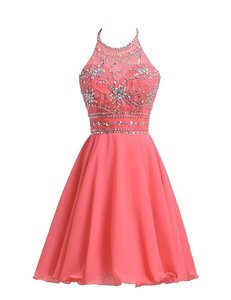 Fantastic Halter Top Watermelon Red Sleeveless Beading Knee Length Evening Dress