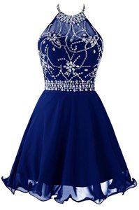 Dynamic Halter Top Mini Length Royal Blue Dress for Prom Organza Sleeveless Beading