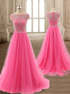 Scoop Cap Sleeves Tulle Brush Train Zipper Prom Party Dress in Rose Pink for with Beading