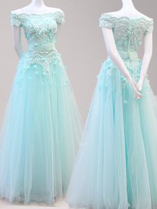 Beauteous Off the Shoulder Cap Sleeves Zipper Floor Length Beading and Appliques Homecoming Dress