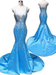 Charming Mermaid Baby Blue Spaghetti Straps Neckline Beading Prom Dress Sleeveless Zipper