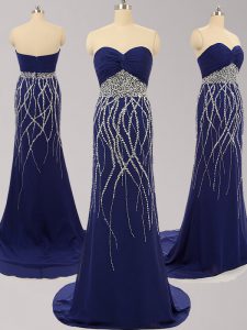 Navy Blue Zipper Sweetheart Beading Homecoming Dress Chiffon Sleeveless Brush Train