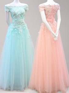 Customized Off The Shoulder Cap Sleeves Zipper Prom Evening Gown Light Blue and Peach Tulle
