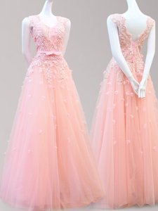 Dynamic Sleeveless Tulle Floor Length Lace Up Prom Gown in Baby Pink for with Appliques and Bowknot