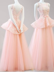 Scoop Sleeveless Tulle Dress for Prom Appliques and Belt Backless