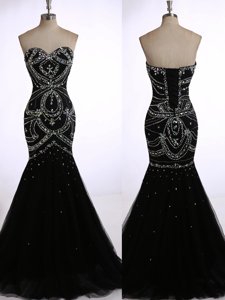 Romantic Mermaid Black Prom Party Dress Sweetheart Sleeveless Brush Train Zipper