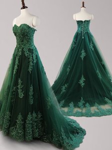 Nice Dark Green Prom Evening Gown Sweetheart Sleeveless Brush Train Lace Up