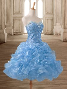 Discount Blue Organza Lace Up Sweetheart Sleeveless Mini Length Prom Dress Beading and Ruffles