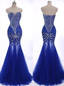 Sweet Mermaid Royal Blue Sweetheart Zipper Beading Prom Dresses Brush Train Sleeveless