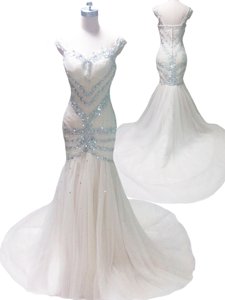Mermaid White Prom Party Dress Prom and Party and For with Beading Straps Sleeveless Court Train Zipper