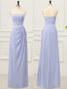 Designer Lavender Chiffon Zipper Evening Dress Sleeveless Floor Length Ruching and Belt