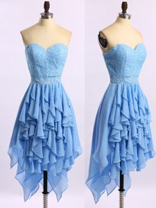Artistic Blue A-line Chiffon Sweetheart Sleeveless Beading and Ruffles Asymmetrical Zipper Homecoming Dress