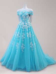 Perfect A-line Aqua Blue Off The Shoulder Tulle Cap Sleeves Lace Up