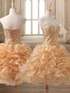 Hot Selling Gold Organza Lace Up Sweetheart Sleeveless Tea Length Prom Party Dress Beading and Ruffles