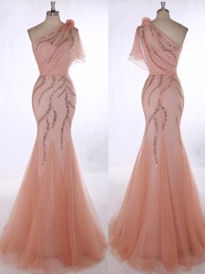 Sophisticated One Shoulder Sleeveless Brush Train Beading and Hand Made Flower Zipper Dress for Prom