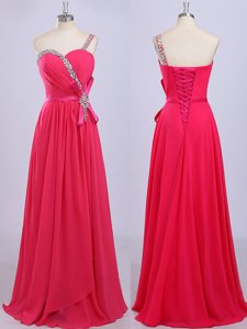 One Shoulder Beading and Belt Prom Gown Hot Pink Zipper Sleeveless Floor Length