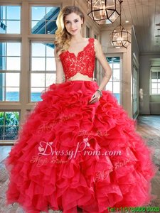 Pretty Sleeveless Floor Length Lace and Ruffles Zipper Sweet 16 Dress with Red