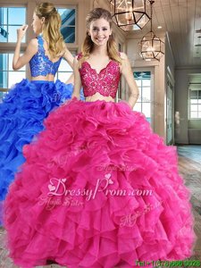 Custom Made Hot Pink Sleeveless Organza Zipper Quinceanera Gown forMilitary Ball and Sweet 16 and Quinceanera