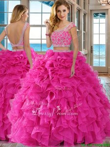 Decent Hot Pink Ball Gown Prom Dress Military Ball and Sweet 16 and Quinceanera and For withBeading and Ruffles Scoop Cap Sleeves Backless