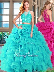 Aqua Blue Sleeveless Floor Length Appliques and Ruffles Lace Up Vestidos de Quinceanera