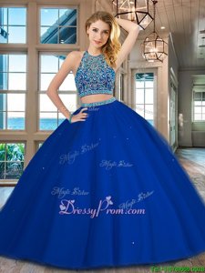 Stunning Royal Blue Two Pieces Tulle Scoop Sleeveless Beading Floor Length Backless Quinceanera Gowns
