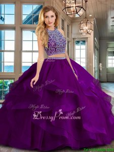 Discount Scoop Sleeveless 15 Quinceanera Dress Floor Length Beading and Ruffles Purple Tulle