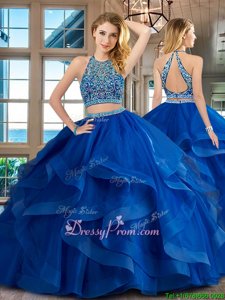 Chic Royal Blue Tulle Backless Scoop Sleeveless Floor Length Sweet 16 Dress Beading and Ruffles