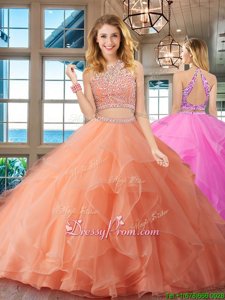 Fashionable Beading and Ruffles 15th Birthday Dress Peach Backless Sleeveless Floor Length