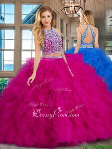 Stylish Fuchsia Scoop Backless Beading and Ruffles Quinceanera Gowns Sleeveless