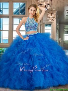 Cute Blue Backless Scoop Beading and Ruffles Quinceanera Dress Tulle Sleeveless