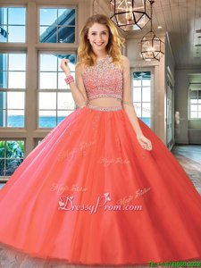 Best Selling Watermelon Red Ball Gown Prom Dress Military Ball and Sweet 16 and Quinceanera and For withBeading Scoop Sleeveless Backless