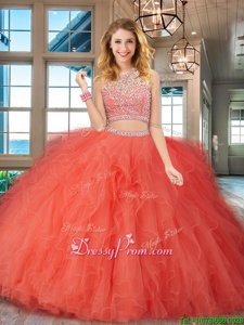 Suitable Floor Length Orange Red Vestidos de Quinceanera Scoop Sleeveless Backless