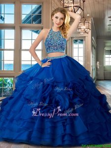 High Class Spring and Summer and Fall and Winter Organza Sleeveless Floor Length Ball Gown Prom Dress andBeading and Ruffles