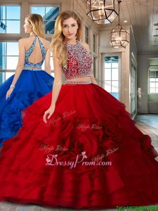 Ideal Red Backless Quinceanera Gowns Beading and Ruffles Sleeveless Floor Length