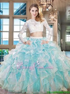 Exquisite Beading and Lace and Ruffles Quince Ball Gowns Aqua Blue Zipper Long Sleeves Floor Length