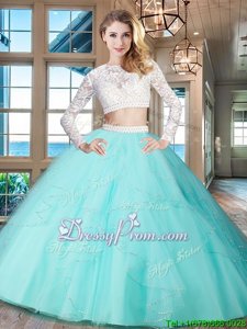 Vintage Scoop Long Sleeves Ball Gown Prom Dress Floor Length Beading and Lace and Ruffles Aqua Blue Tulle