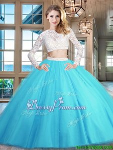 Sophisticated Baby Blue Two Pieces Beading and Lace 15 Quinceanera Dress Zipper Tulle Long Sleeves Floor Length