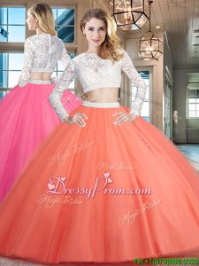 Colorful Long Sleeves Tulle Floor Length Zipper Quinceanera Gown inWatermelon Red forSpring and Summer and Fall and Winter withBeading and Lace