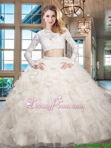 Stunning White Two Pieces Beading and Lace and Ruffles Vestidos de Quinceanera Zipper Organza Long Sleeves Floor Length