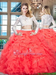 Shining Floor Length Two Pieces Long Sleeves Red 15 Quinceanera Dress Zipper