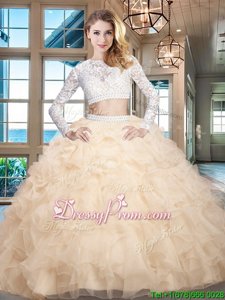 Amazing Champagne Long Sleeves Organza Zipper Sweet 16 Dresses forMilitary Ball and Sweet 16 and Quinceanera