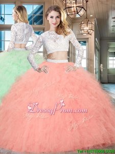 Smart Watermelon Red Tulle Zipper Sweet 16 Quinceanera Dress Long Sleeves Floor Length Beading and Lace and Ruffles