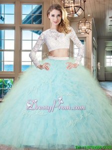 Extravagant Two Pieces Quinceanera Gowns Light Blue Scoop Tulle Long Sleeves Floor Length Zipper