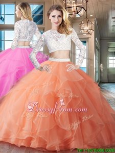 Nice Orange Red 15th Birthday Dress Military Ball and Sweet 16 and Quinceanera and For withBeading and Lace and Ruffles Scoop Long Sleeves Brush Train Zipper