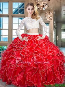 Fancy Floor Length Zipper Quinceanera Dress Red and In forMilitary Ball and Sweet 16 and Quinceanera withBeading and Lace and Ruffles