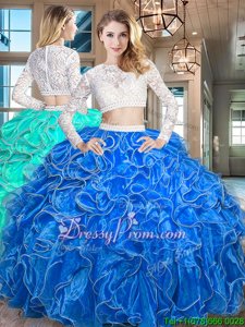 Great Long Sleeves Organza Floor Length Zipper Ball Gown Prom Dress inRoyal Blue forSpring and Summer and Fall and Winter withBeading and Lace and Ruffles