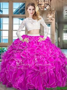 New Arrival Fuchsia Long Sleeves Beading and Lace and Ruffles Floor Length Sweet 16 Quinceanera Dress